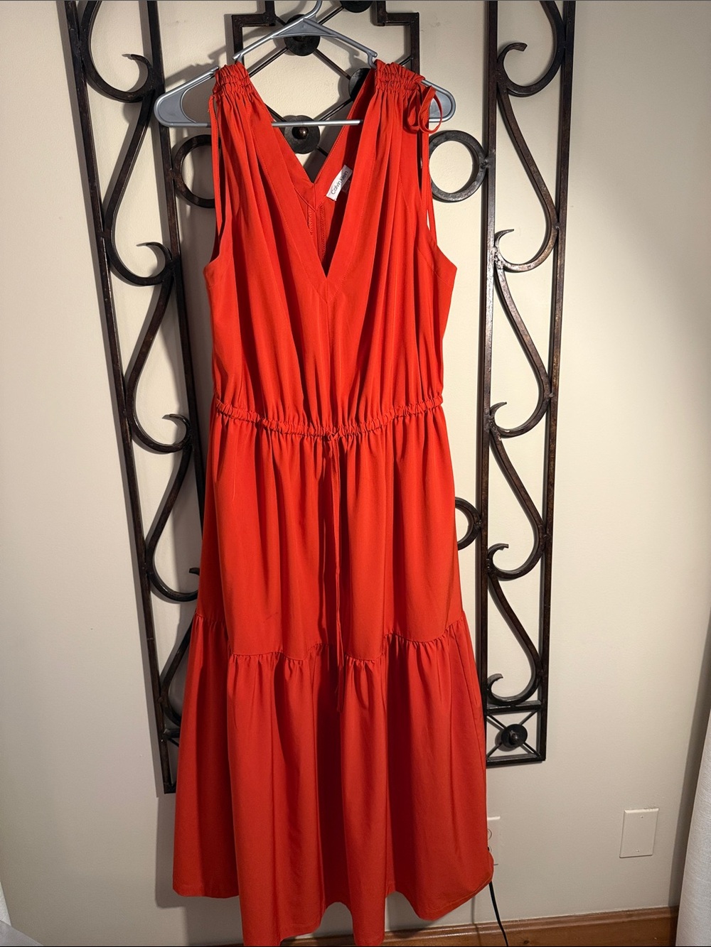 Calvin Klein Red Sleeveless V-Neck Tiered Maxi Dress